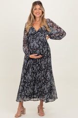 Black Floral Chiffon Twisted Front Maternity Midi Dress