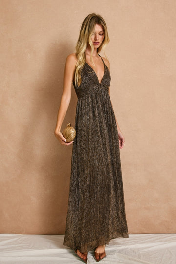 Brown Shimmer Open Tie Back Maxi Dress