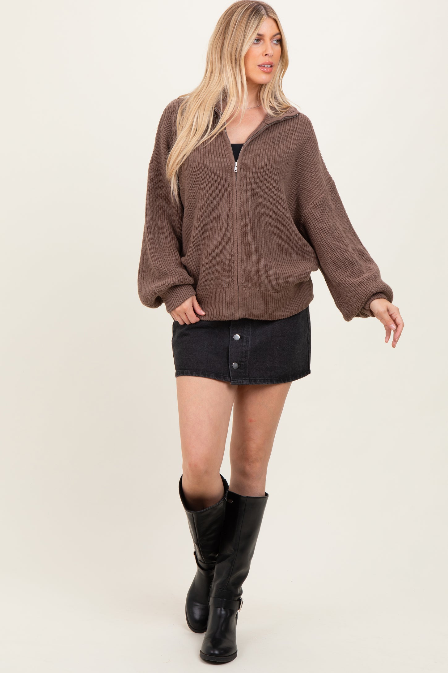 Light Mocha Oversized Zip Up Cardigan