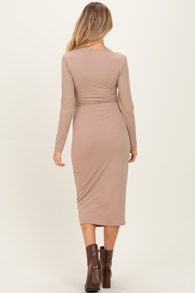 Taupe Ribbed Long Sleeve Maternity Wrap Dress