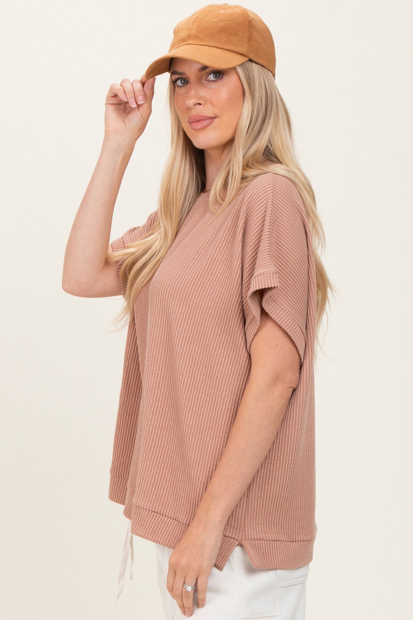 Brown Solid Ribbed Short Sleeve Oversized Tunic Top
