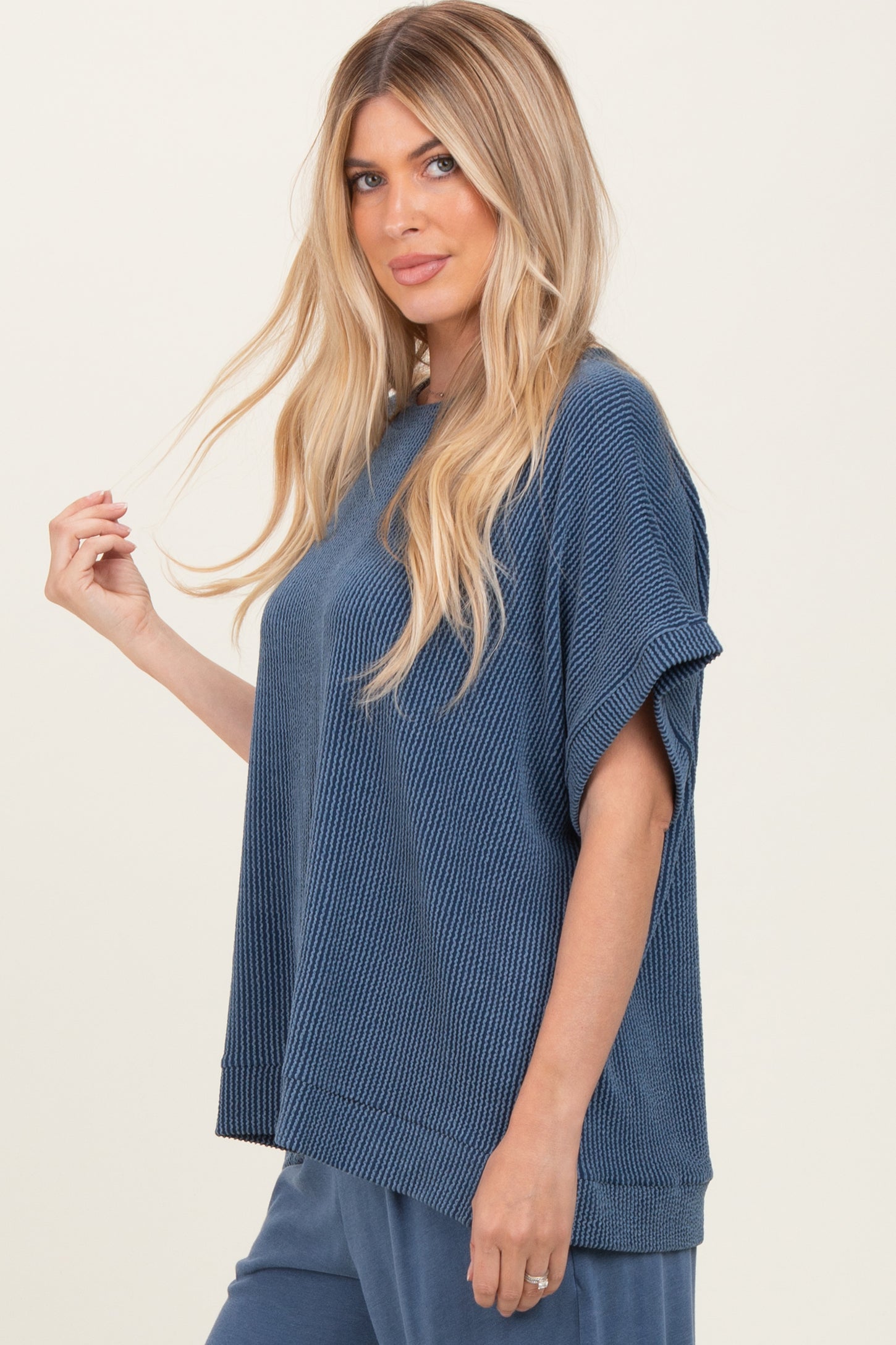 Purple Solid Ribbed Short Sleeve Oversized Tunic Top
