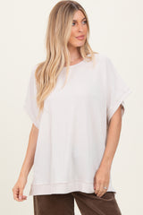 Cream Solid Ribbed Short Sleeve Oversized Tunic Top