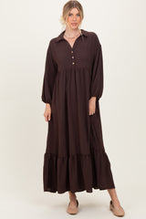 Brown Solid Long Sleeve Button Down Tiered Collared Maternity Dress
