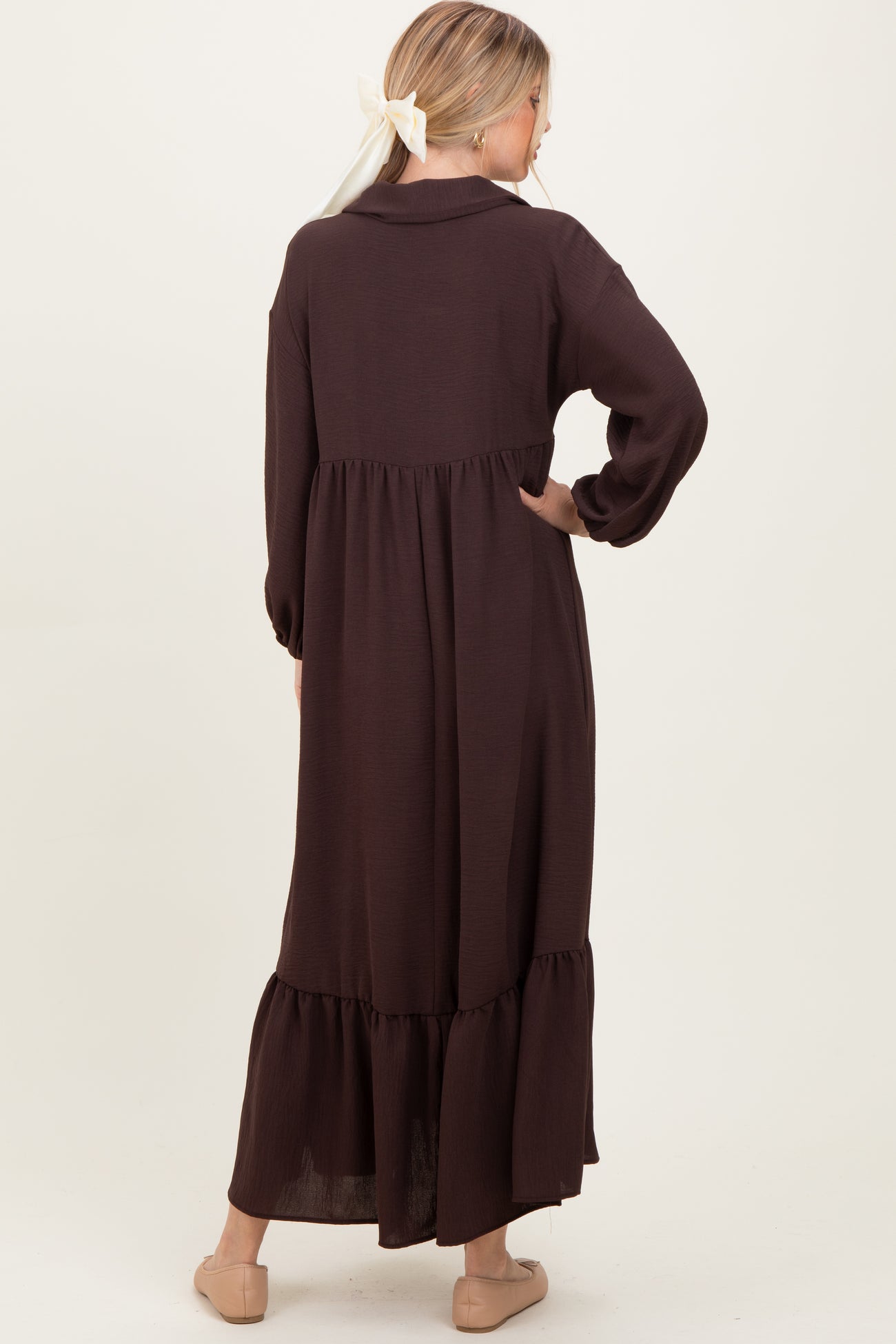 Brown Solid Long Sleeve Button Down Tiered Collared Dress