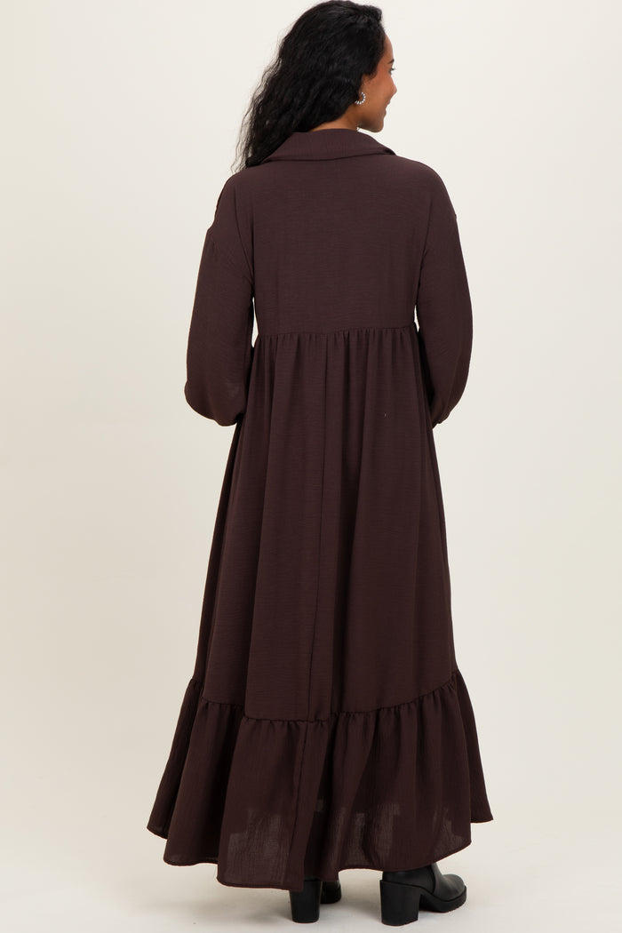 Brown Solid Long Sleeve Button Down Tiered Collared Maternity Dress