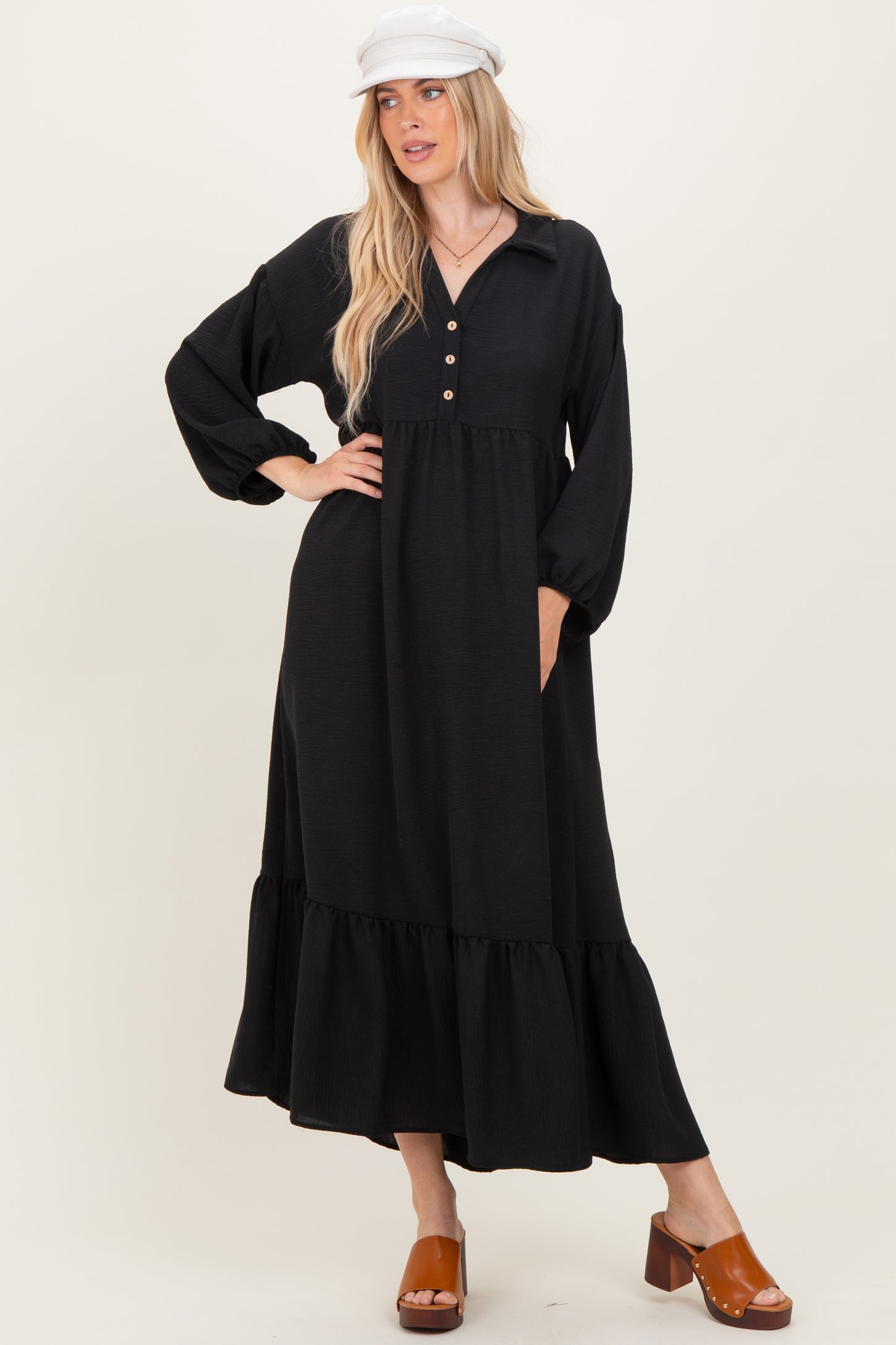 Black Solid Long Sleeve Button Down Tiered Collared Maternity Dress