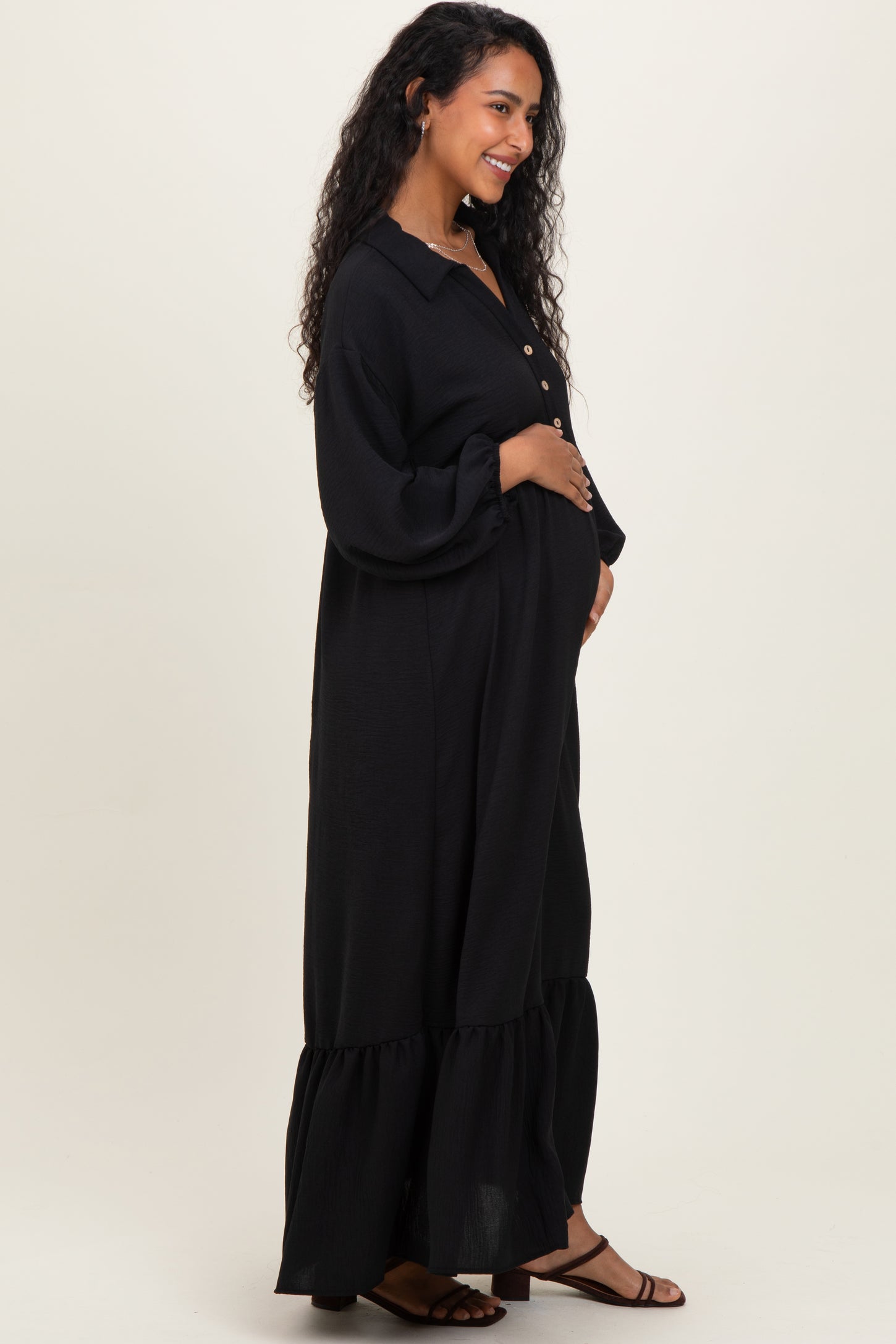 Black Solid Long Sleeve Button Down Tiered Collared Maternity Dress