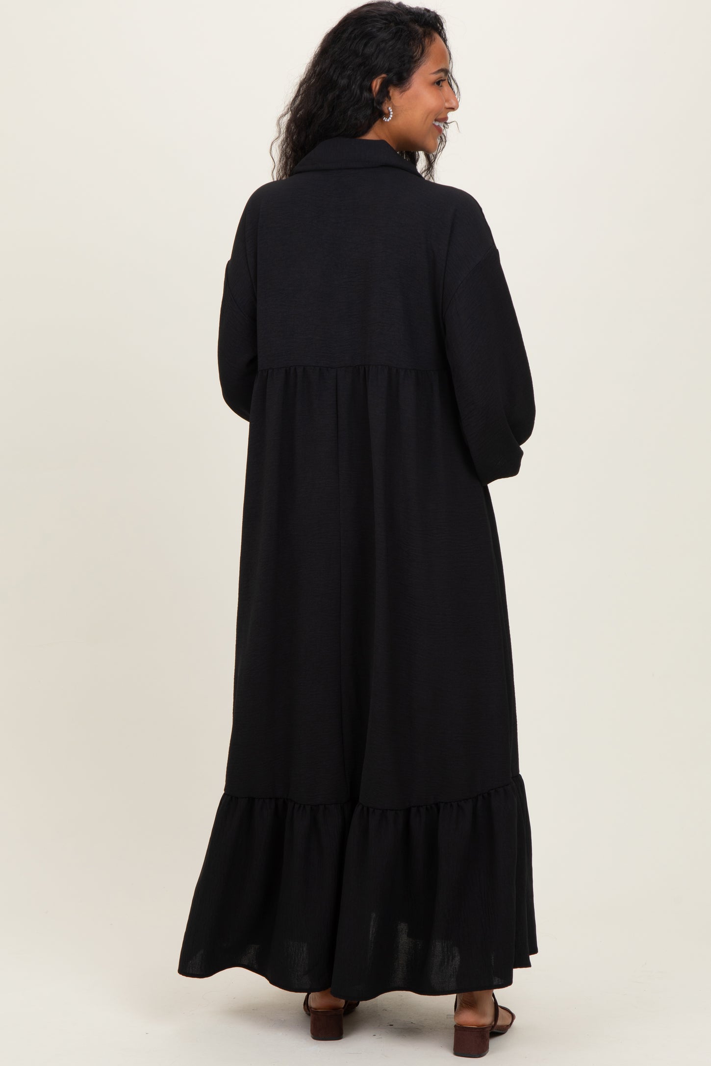 Black Solid Long Sleeve Button Down Tiered Collared Maternity Dress
