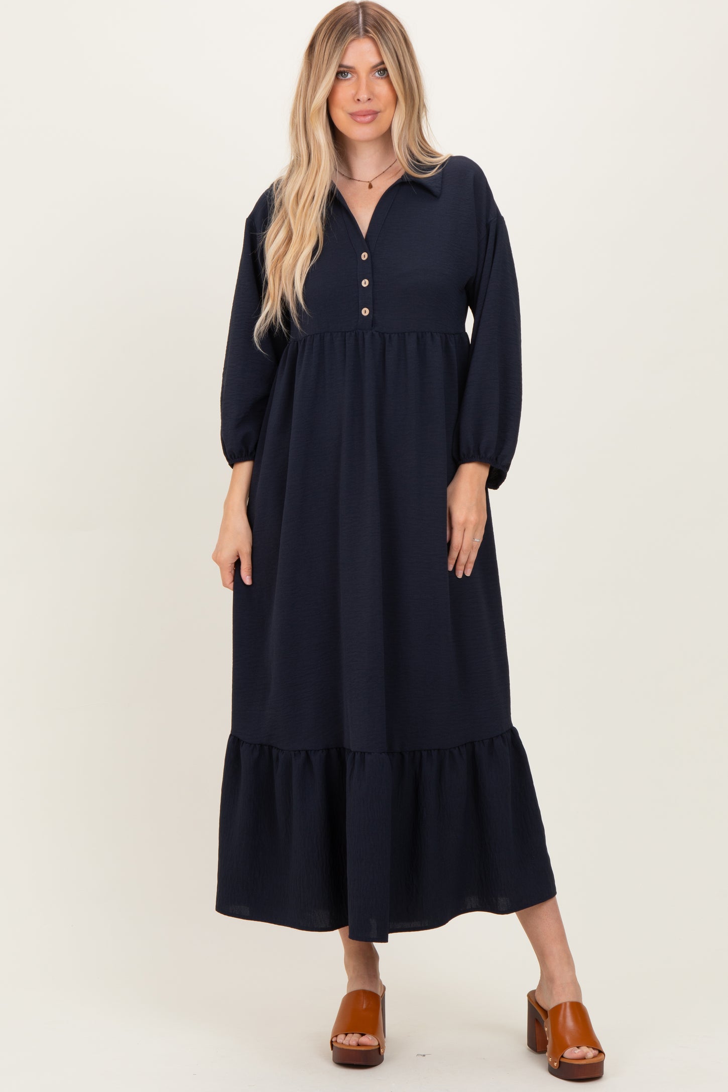 Navy Solid Long Sleeve Button Down Tiered Collared Maternity Dress