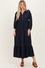 Navy Solid Long Sleeve Button Down Tiered Collared Maternity Dress