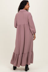 Mocha Solid Long Sleeve Button Down Tiered Collared Maternity Dress