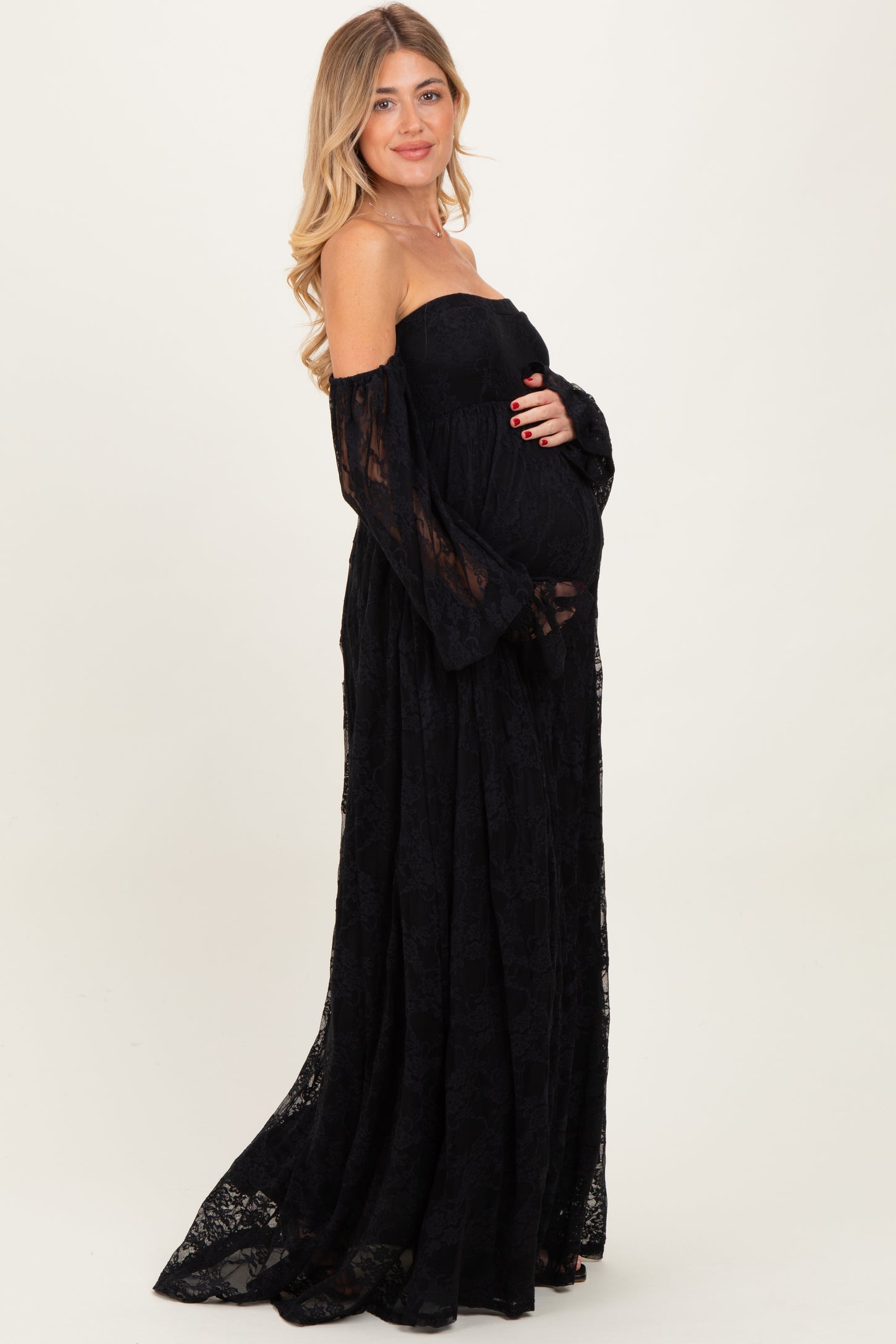 Black Lace Smocked Long Sleeve Off Shoulder Maternity Maxi Dress