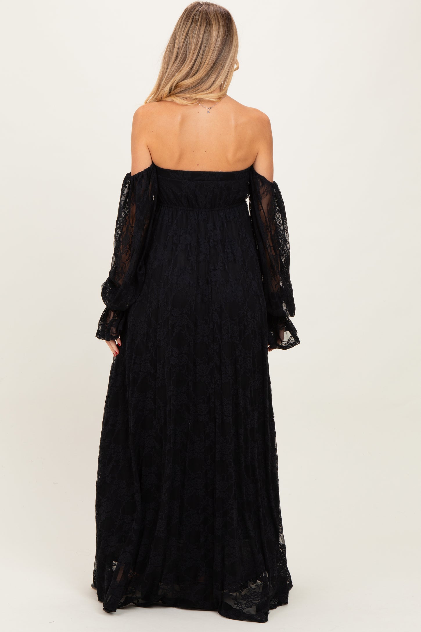 Black Lace Smocked Long Sleeve Off Shoulder Maternity Maxi Dress