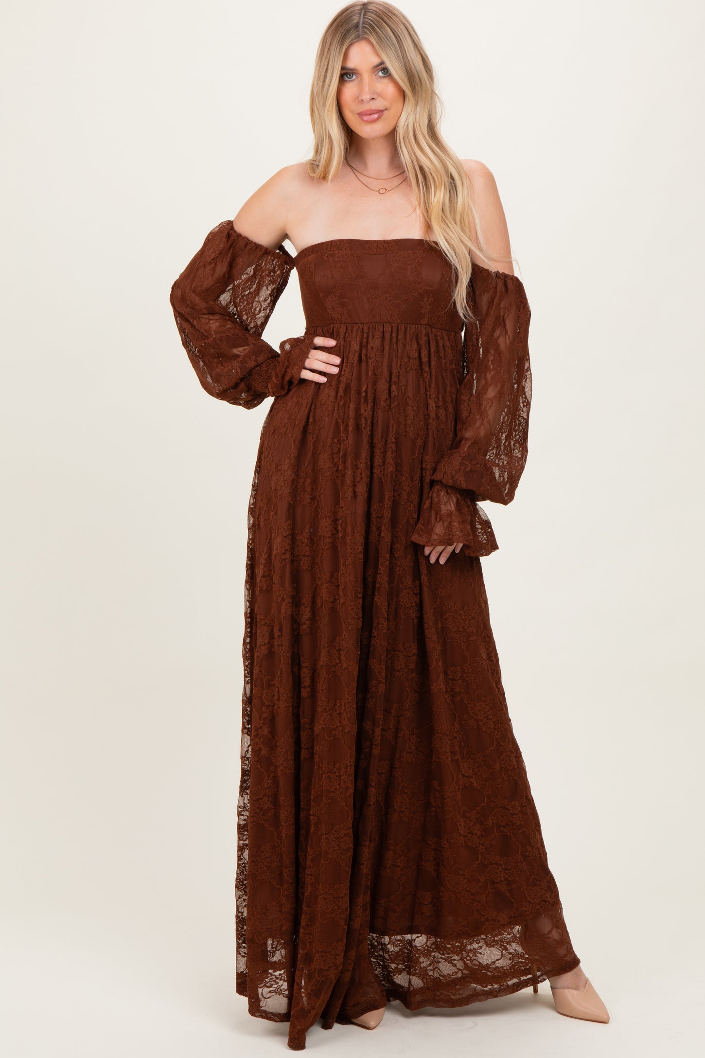 Brown Lace Smocked Long Sleeve Off Shoulder Maxi Dress