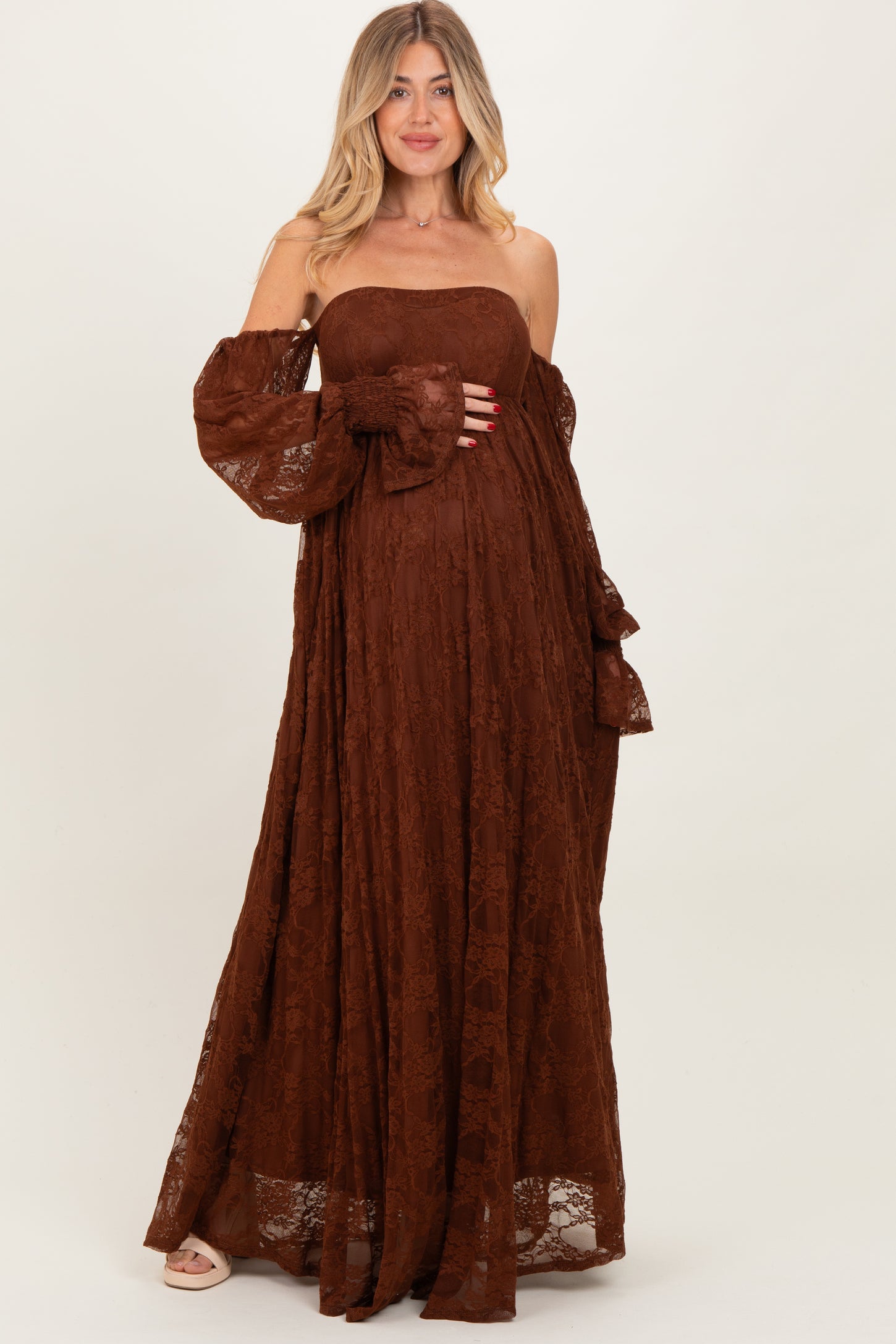 Brown Lace Smocked Long Sleeve Off Shoulder Maternity Maxi Dress