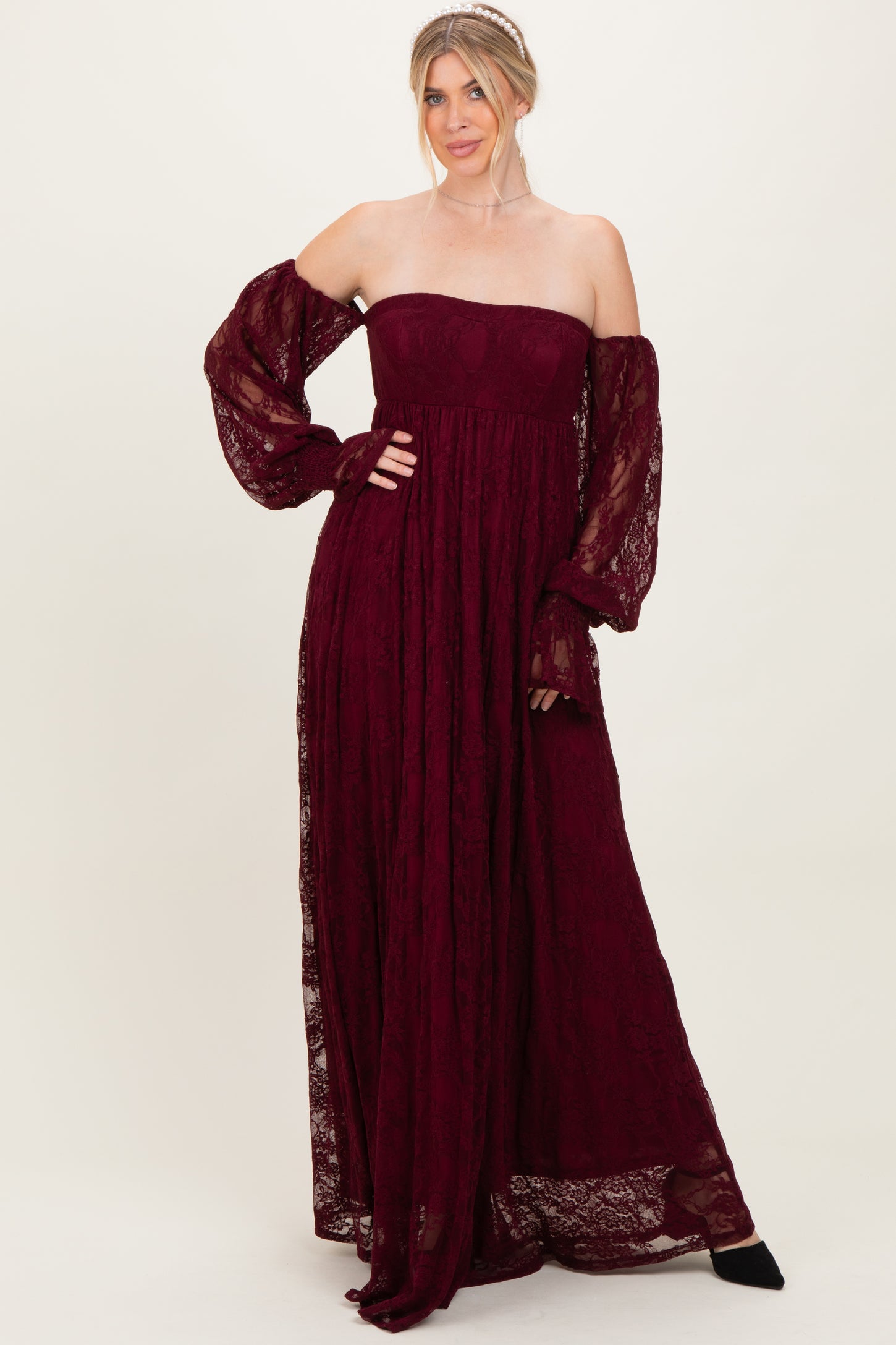 Burgundy Lace Smocked Long Sleeve Off Shoulder Maxi Dress