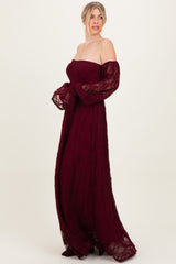 Burgundy Lace Smocked Long Sleeve Off Shoulder Maxi Dress