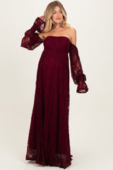 Burgundy Lace Smocked Long Sleeve Off Shoulder Maternity Maxi Dress