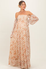 Multi Color Floral Lace Smocked Long Sleeve Off Shoulder Maternity Maxi Dress