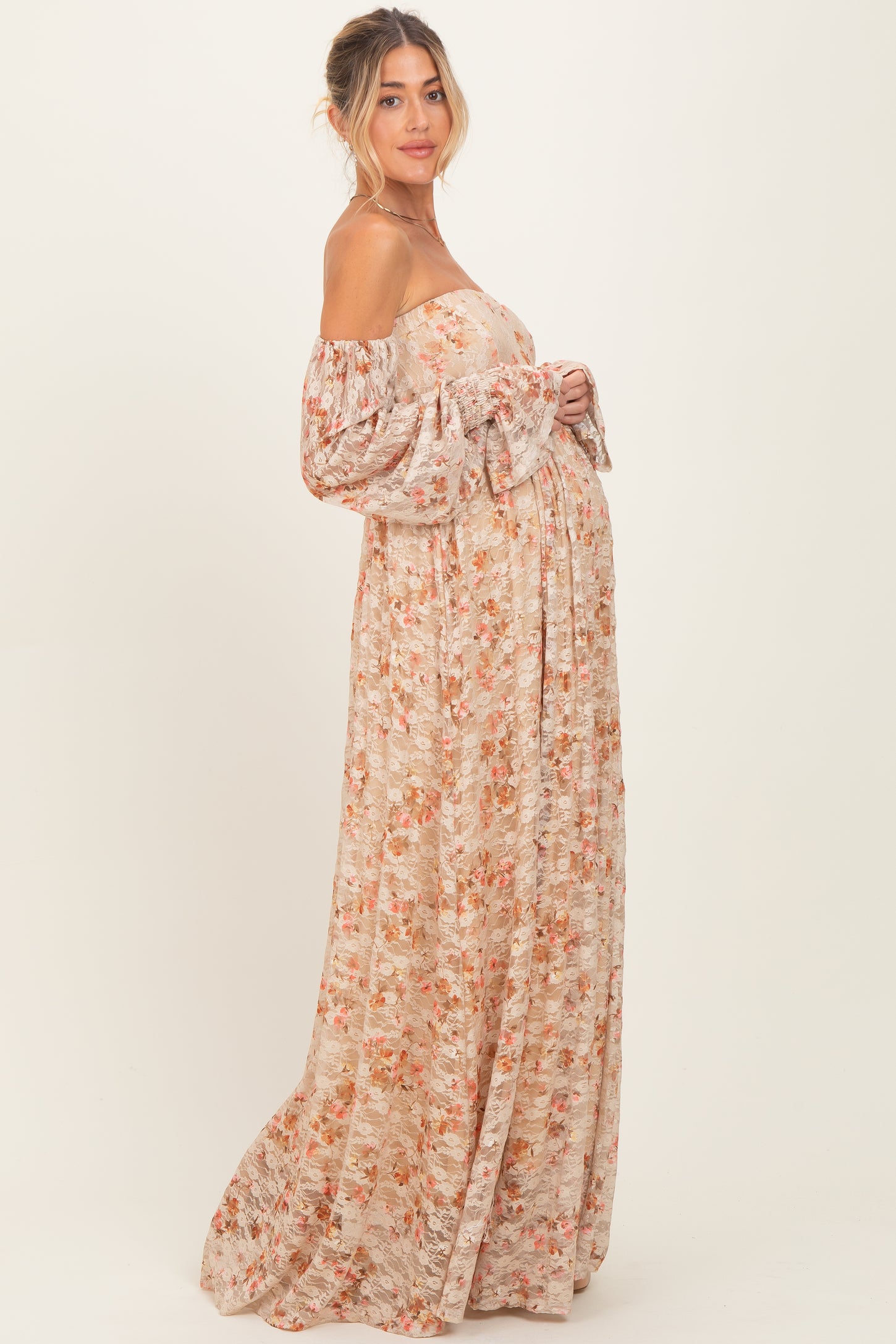 Multi Color Floral Lace Smocked Long Sleeve Off Shoulder Maternity Maxi Dress