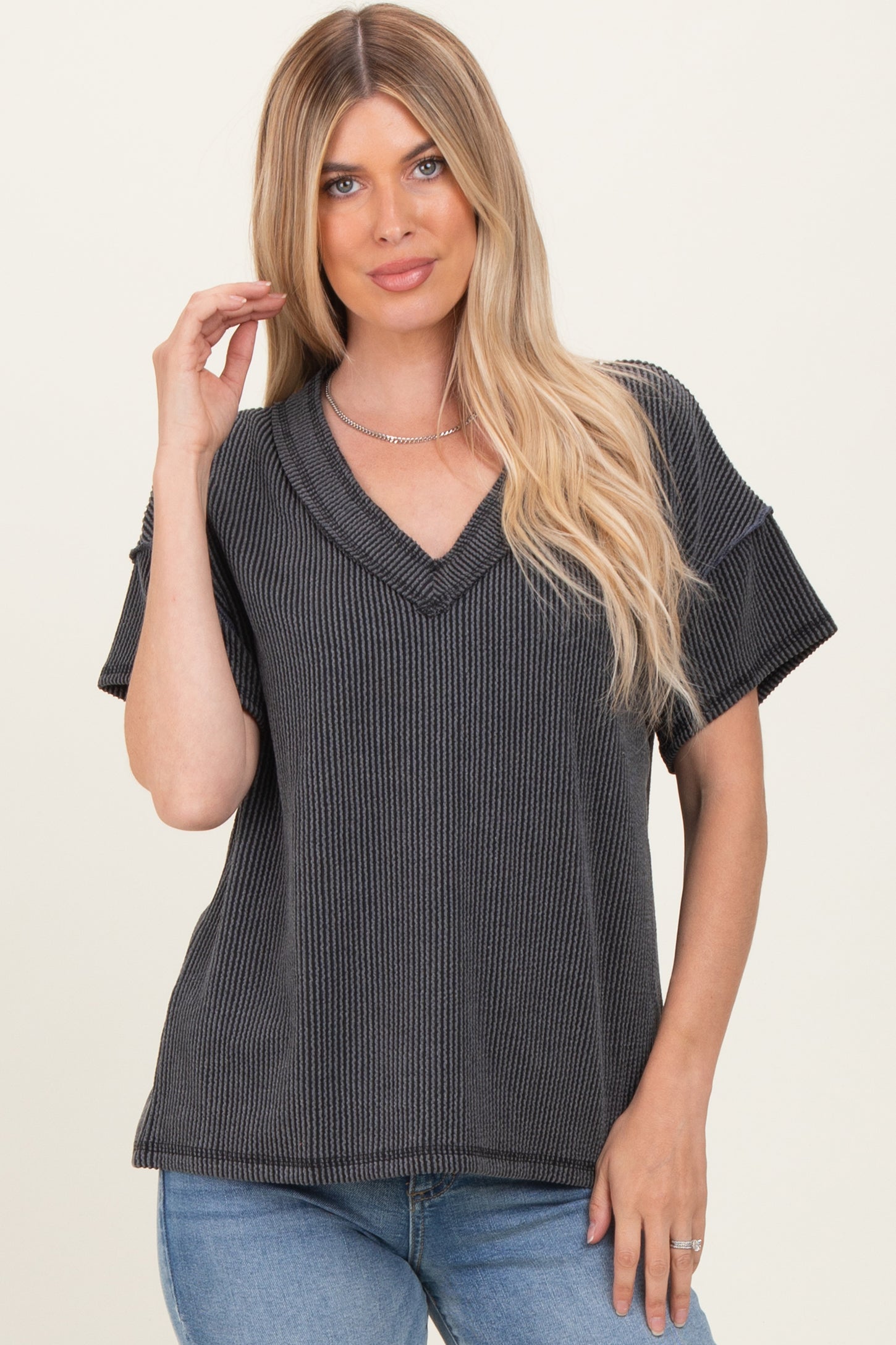 Charcoal Ribbed Short Sleeve V-Neck Reverse Stitch Top