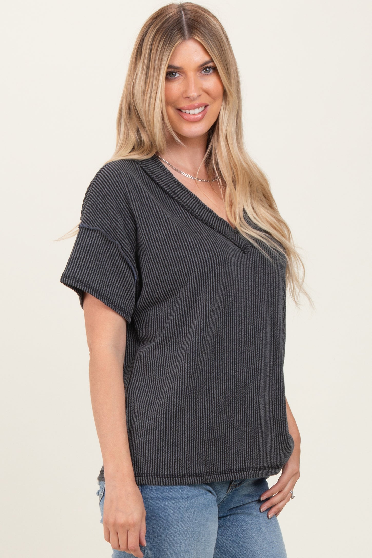Charcoal Ribbed Short Sleeve V-Neck Reverse Stitch Top