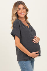 Charcoal Ribbed Short Sleeve V-Neck Reverse Stitch Maternity Top