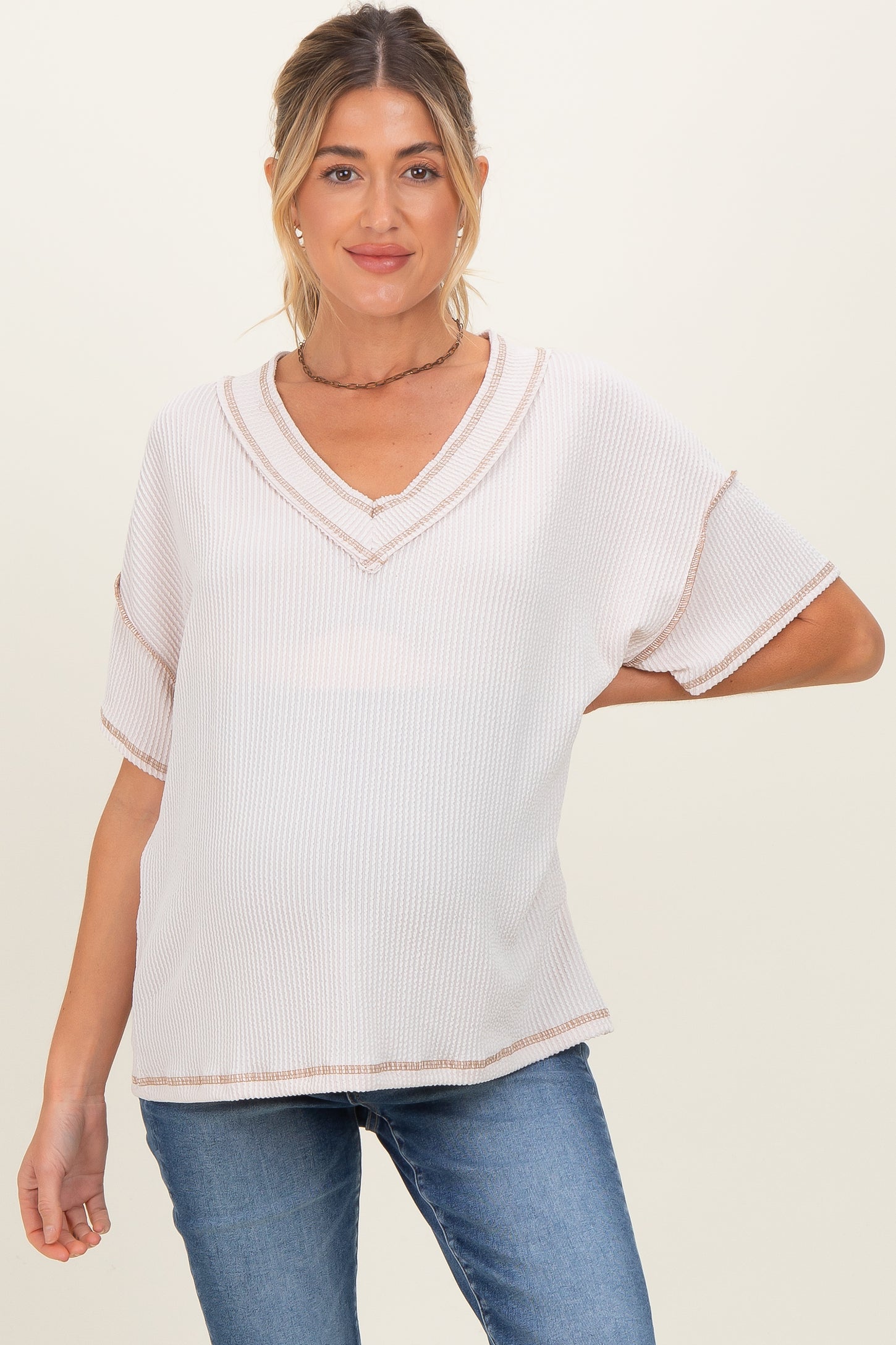 Cream Ribbed Short Sleeve V-Neck Reverse Stitch Maternity Top