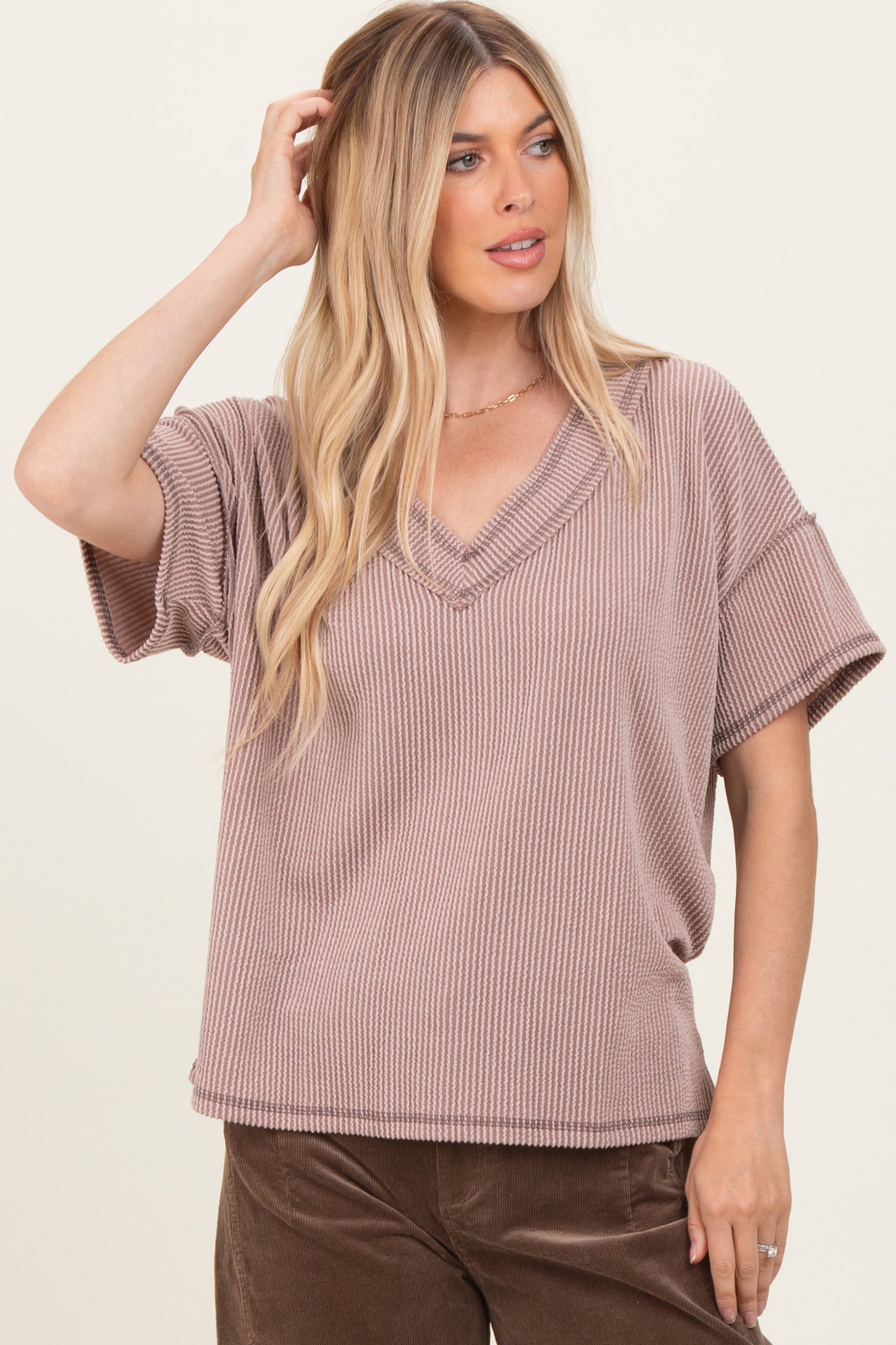 Taupe Ribbed Short Sleeve V-Neck Reverse Stitch Top