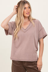 Taupe Ribbed Short Sleeve V-Neck Reverse Stitch Top