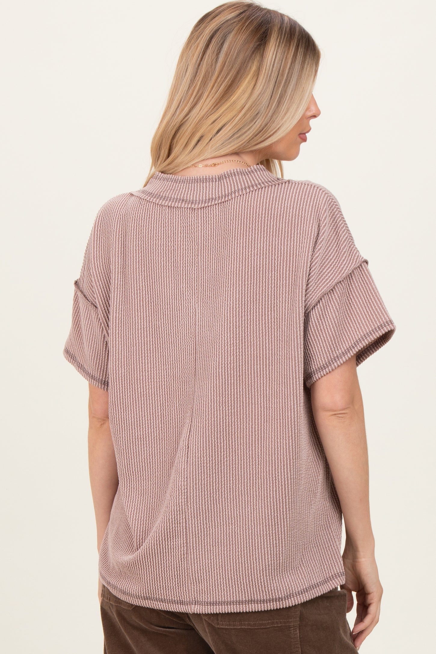 Taupe Ribbed Short Sleeve V-Neck Reverse Stitch Top