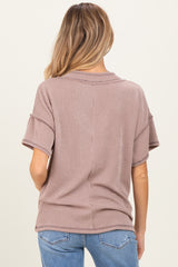Taupe Ribbed Short Sleeve V-Neck Reverse Stitch Maternity Top