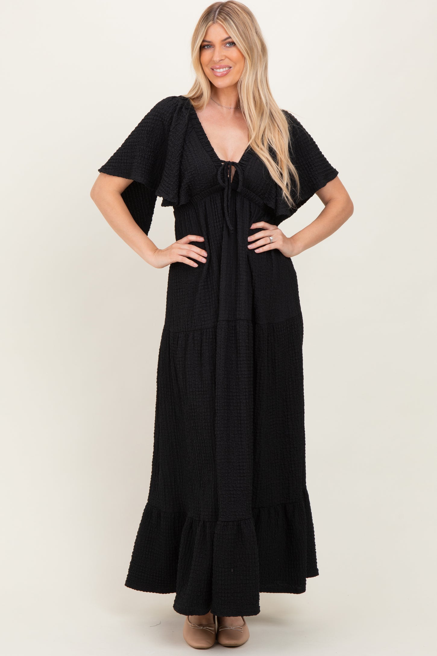Black Woven Textured Flutter Sleeve V-Neck Tiered Maternity Maxi Dress