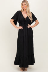 Black Woven Textured Flutter Sleeve V-Neck Tiered Maternity Maxi Dress