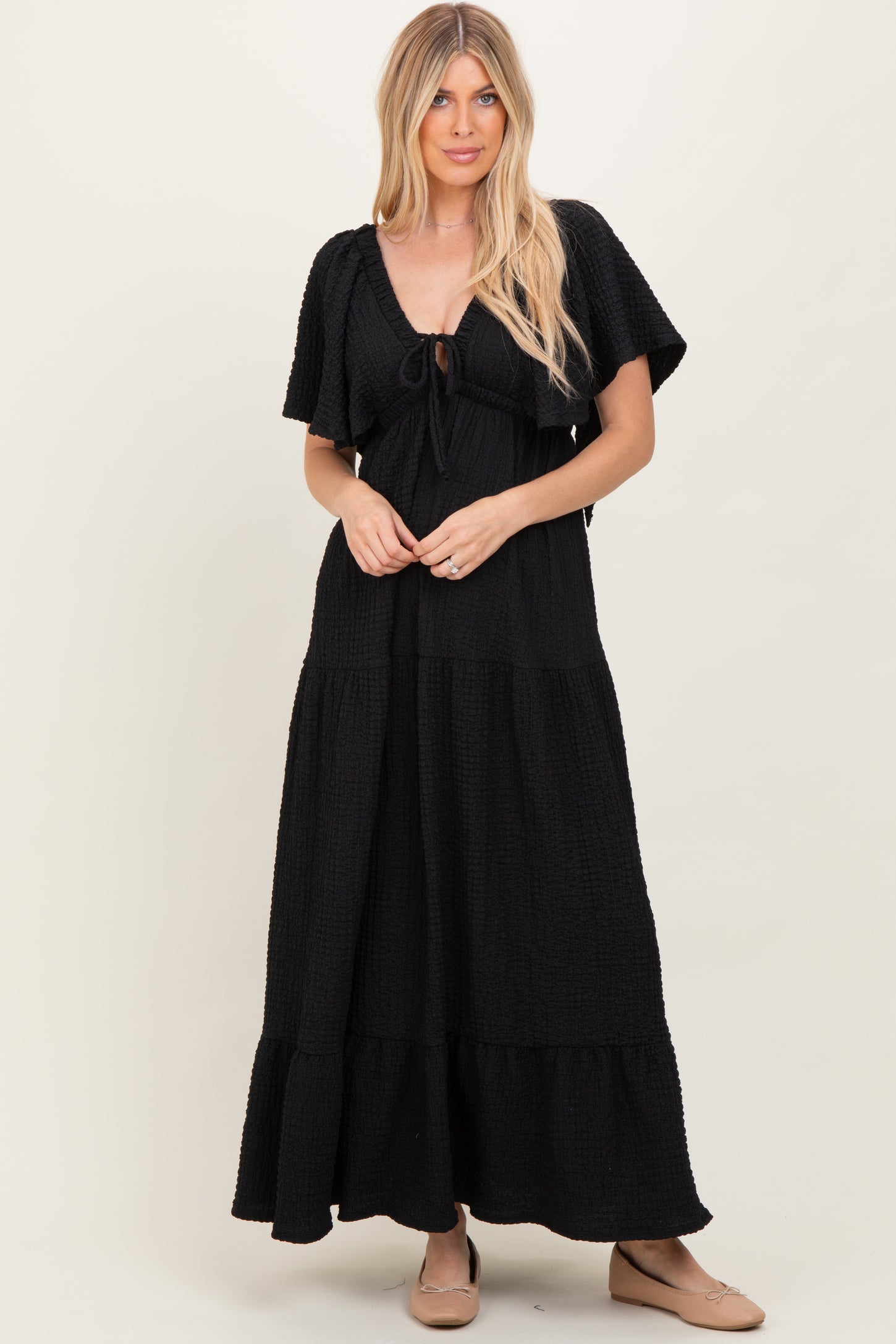 Black Woven Textured Flutter Sleeve V-Neck Tiered Maxi Dress
