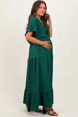 Hunter Green Woven Textured Flutter Sleeve V-Neck Tiered Maternity Maxi Dress