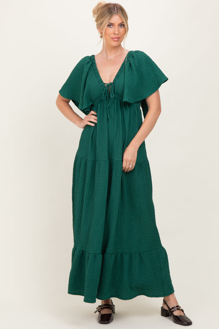 Hunter Green Woven Textured Flutter Sleeve V-Neck Tiered Maternity Maxi Dress