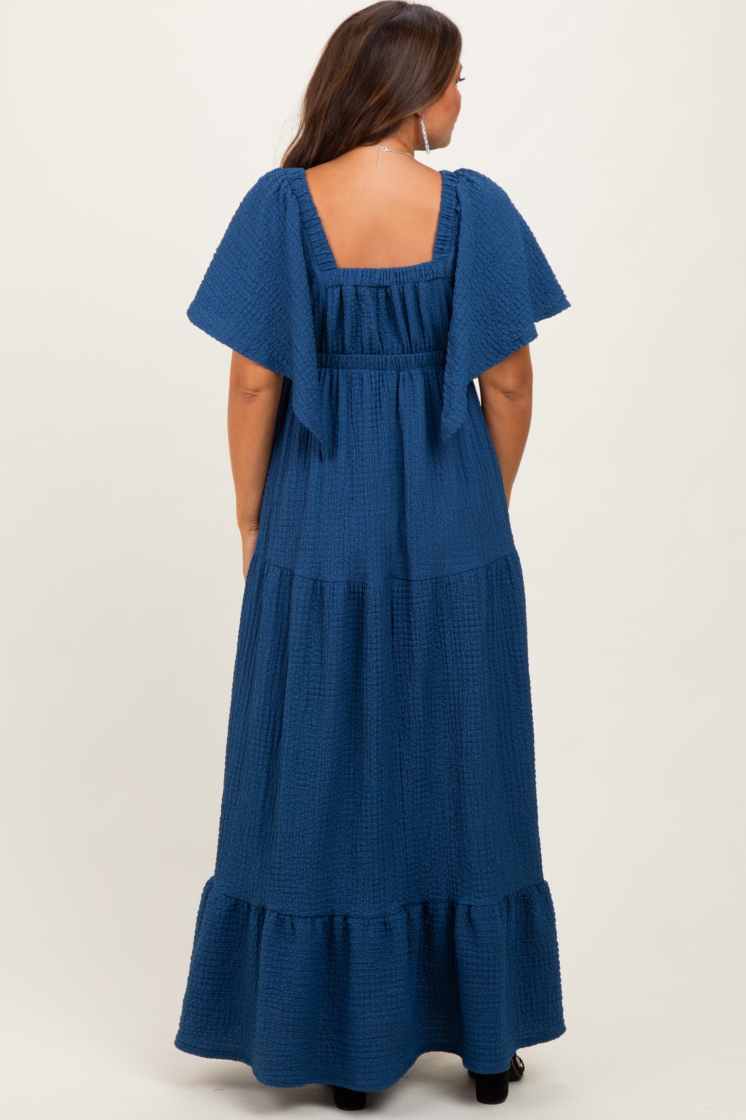 Royal Blue Woven Textured Flutter Sleeve V-Neck Tiered Maternity Maxi Dress