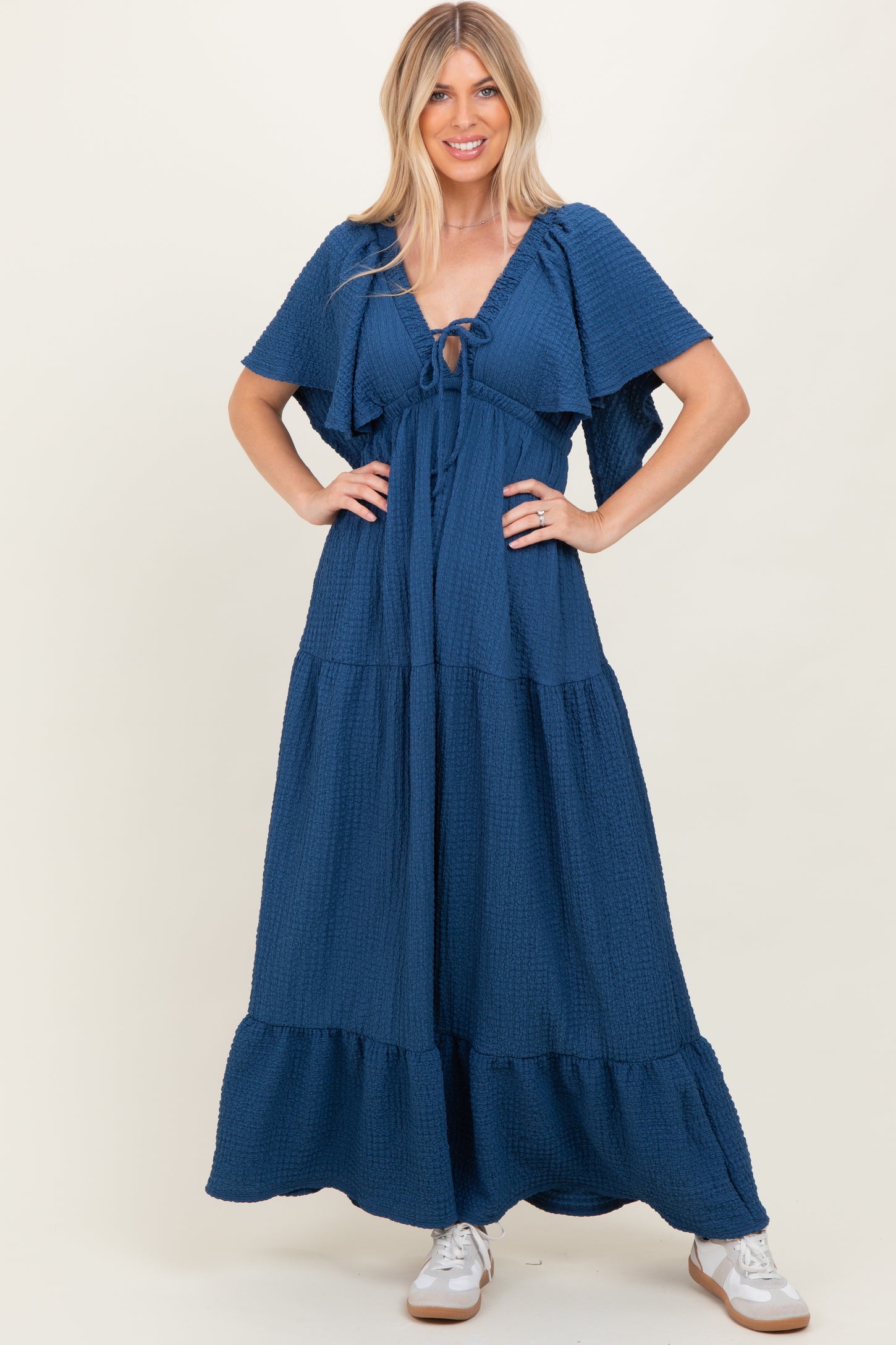 Royal Blue Woven Textured Flutter Sleeve V-Neck Tiered Maternity Maxi Dress