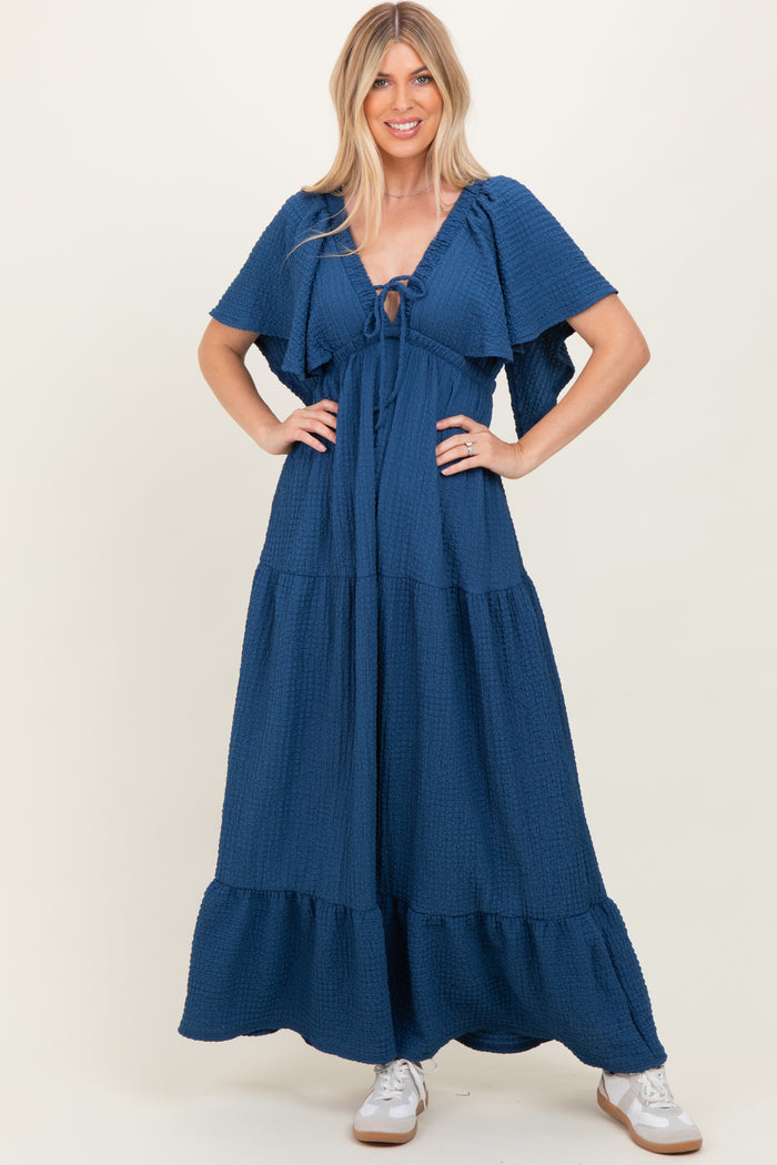 Royal Blue Woven Textured Flutter Sleeve V-Neck Tiered Maternity Maxi Dress