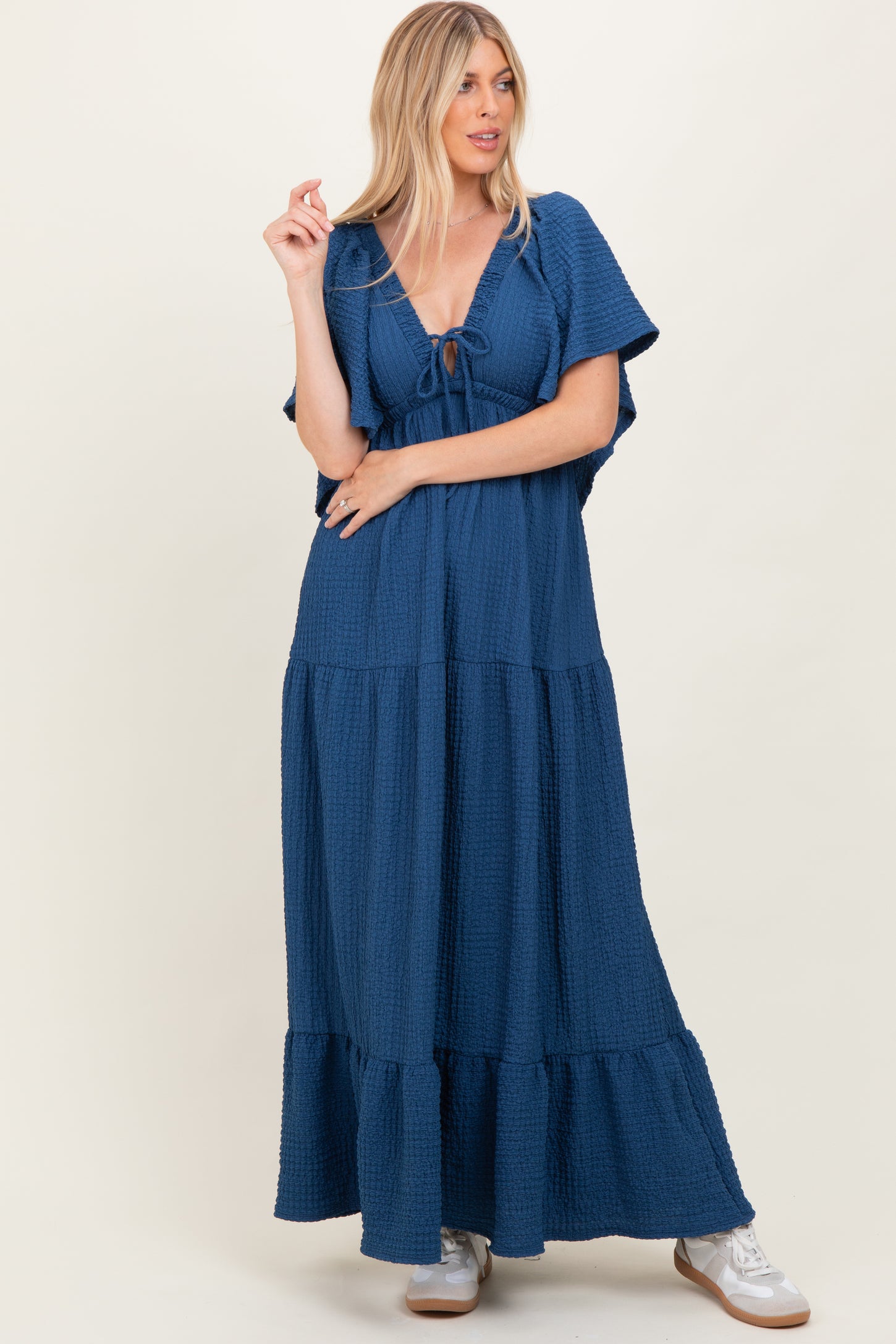 Royal Blue Textured Flutter Sleeve V-Neck Tiered Maxi Dress