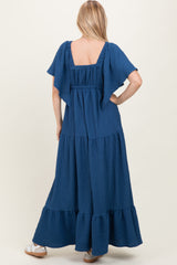 Royal Blue Textured Flutter Sleeve V-Neck Tiered Maxi Dress