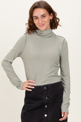 Light Olive Solid Long Sleeve Ribbed Turtle Neck Top