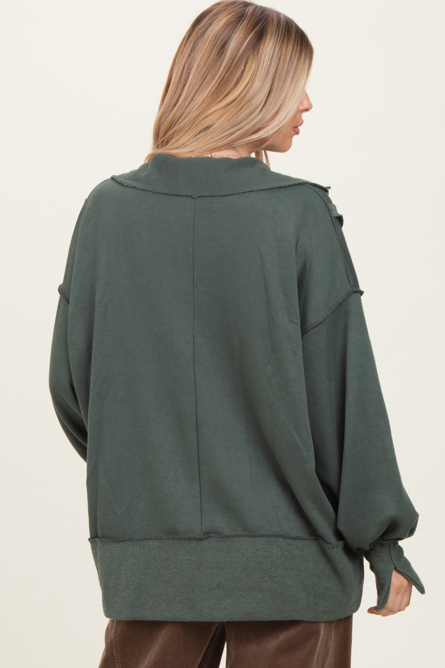 Olive Long Sleeve Reverse Stitch Collared Top