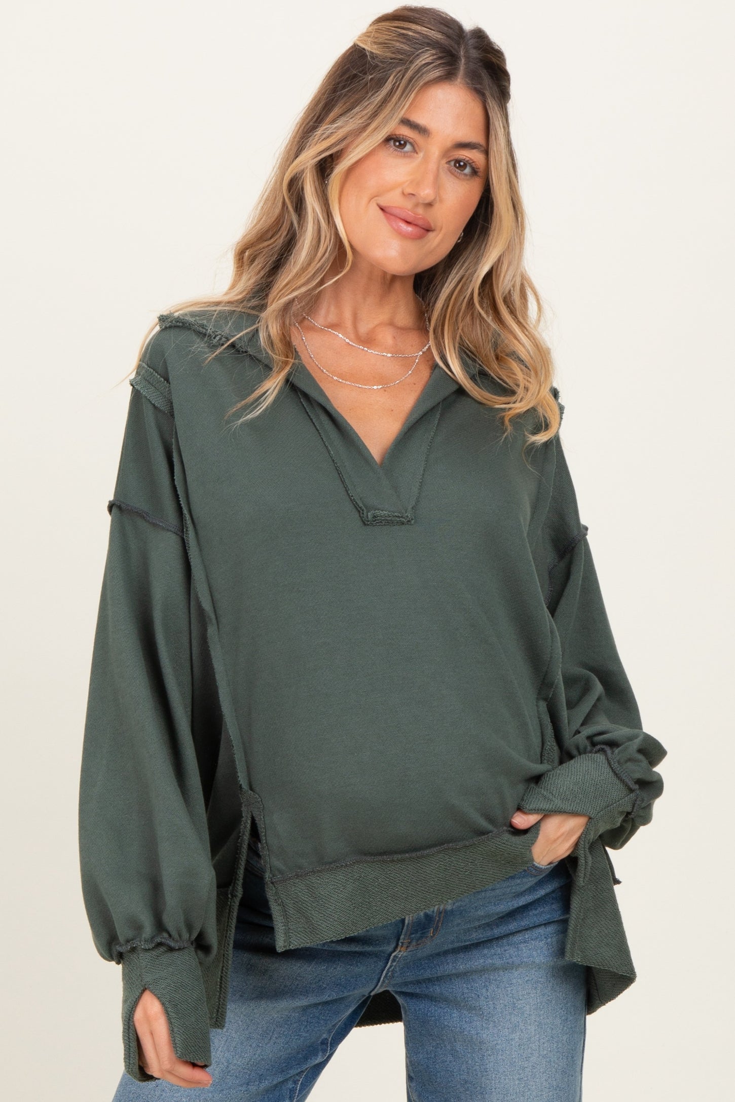 Olive Long Sleeve Reverse Stitch Collared Maternity Top