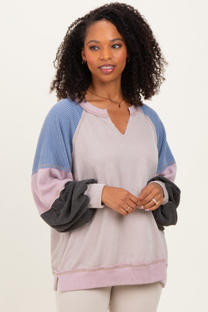 Mauve Color Block Long Sleeve V-Neck Top