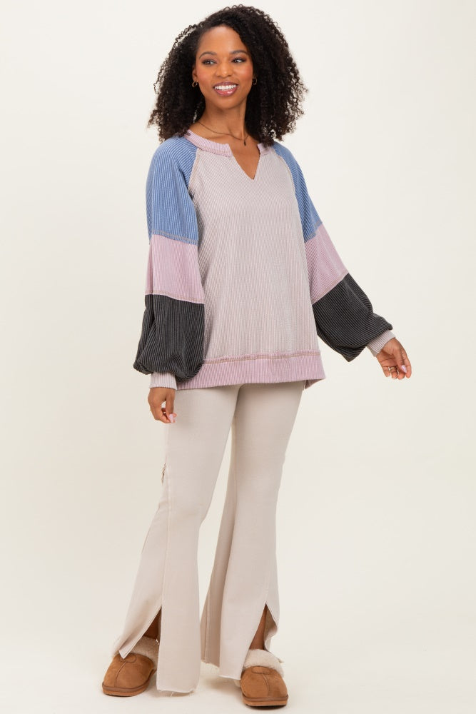 Mauve Color Block Long Sleeve V-Neck Top