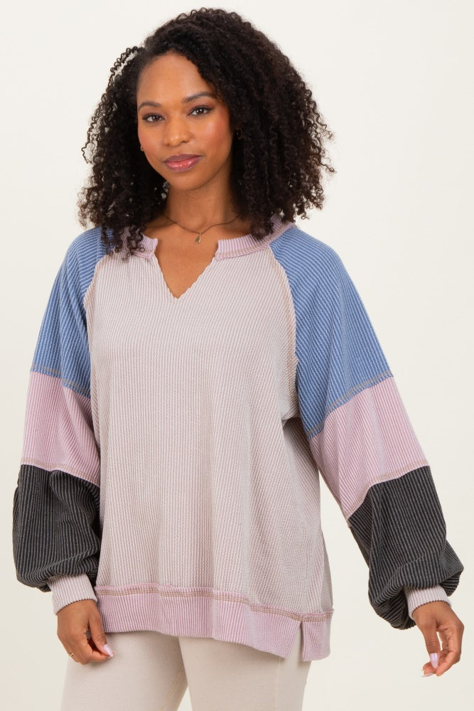 Mauve Color Block Long Sleeve V-Neck Top