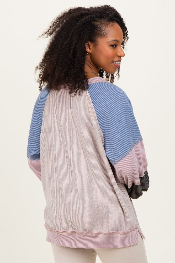 Mauve Color Block Long Sleeve V-Neck Top